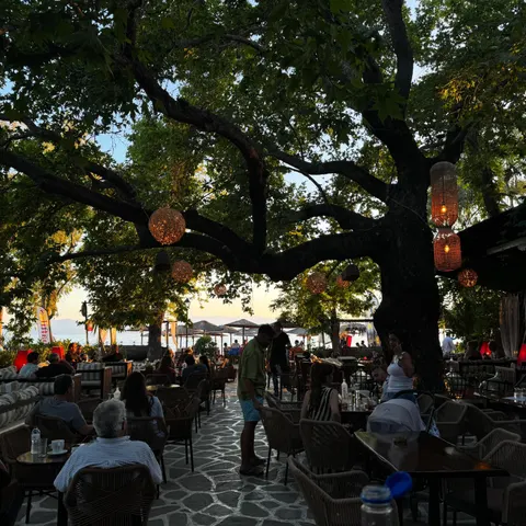 Βραδινή βεράντα με φαναράκια, δίπλα στη θάλασσα